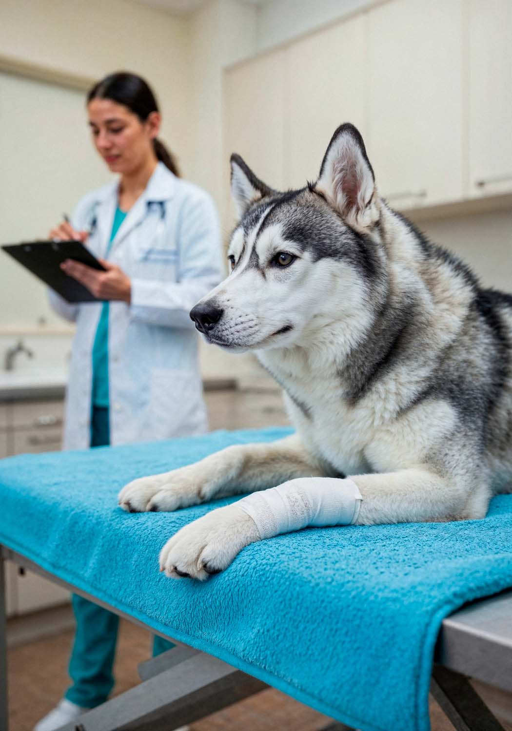 A Siberian Husky with a bandaged leg rests on a table A Siberian Husky with a bandaged leg rests on a table